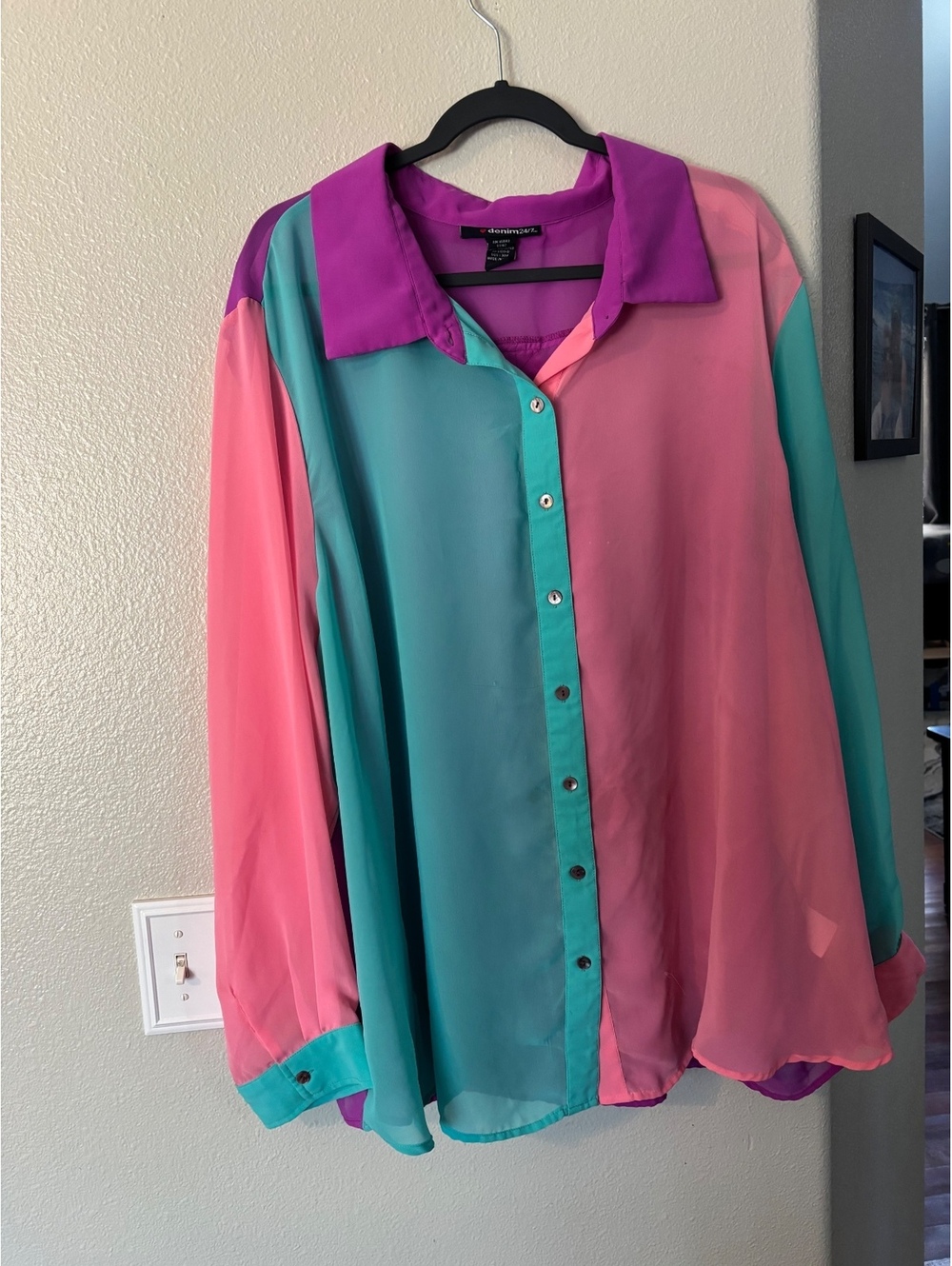 Denim 24/7 Colorblock Sheer Chiffon Shirt Plus Size 30W